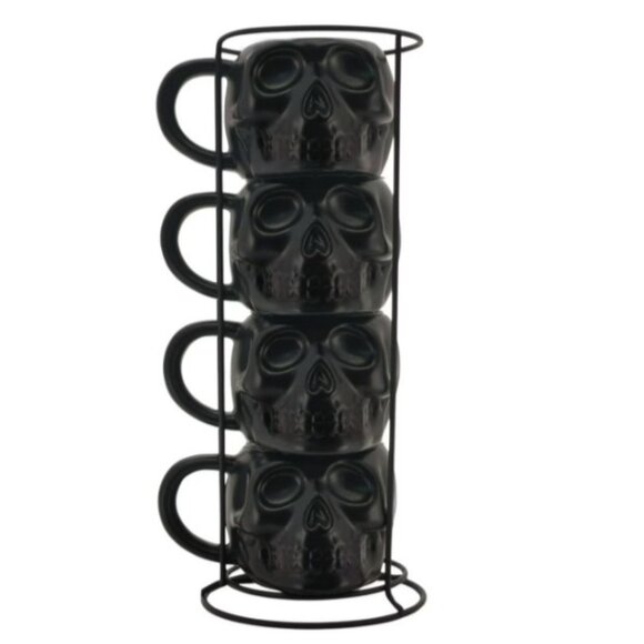 NEW Skull Mug Set of 4 Stackable Mugs Dia De Los Muertos Skulls Halloween Stonew - Picture 3 of 16